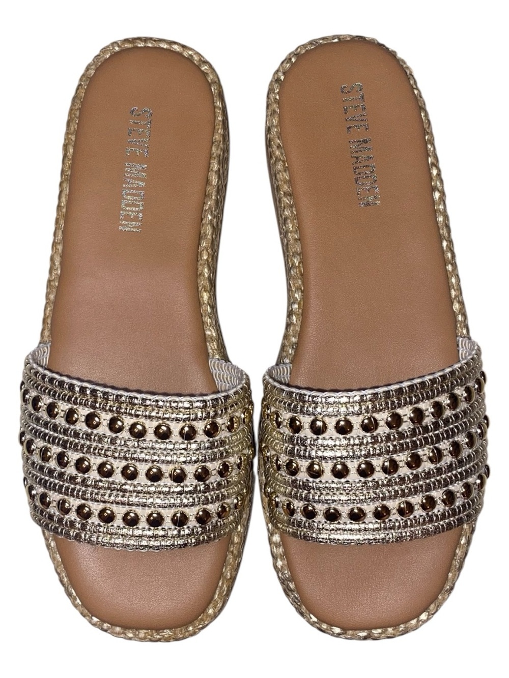 STEVE MADDEN Boardwalk Espadrille Style Sandal Slide Metallic Gold/Tan Size 8M - Picture 3 of 10